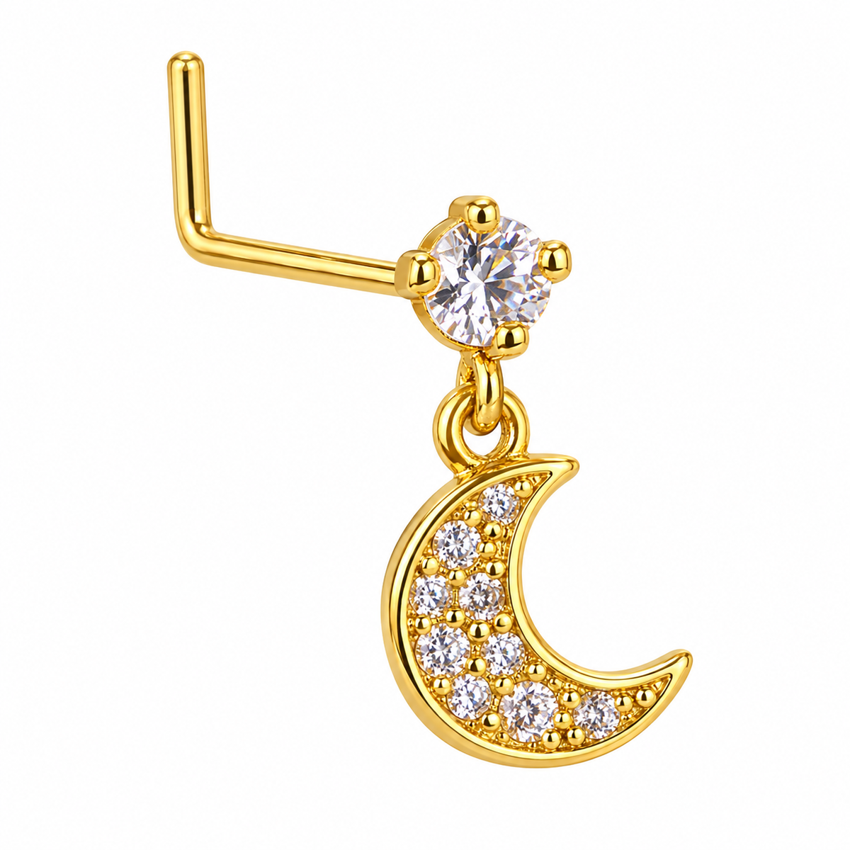 NDL12 Gold Tone Crescent Moon dangling nose stud with visible L-shaped post