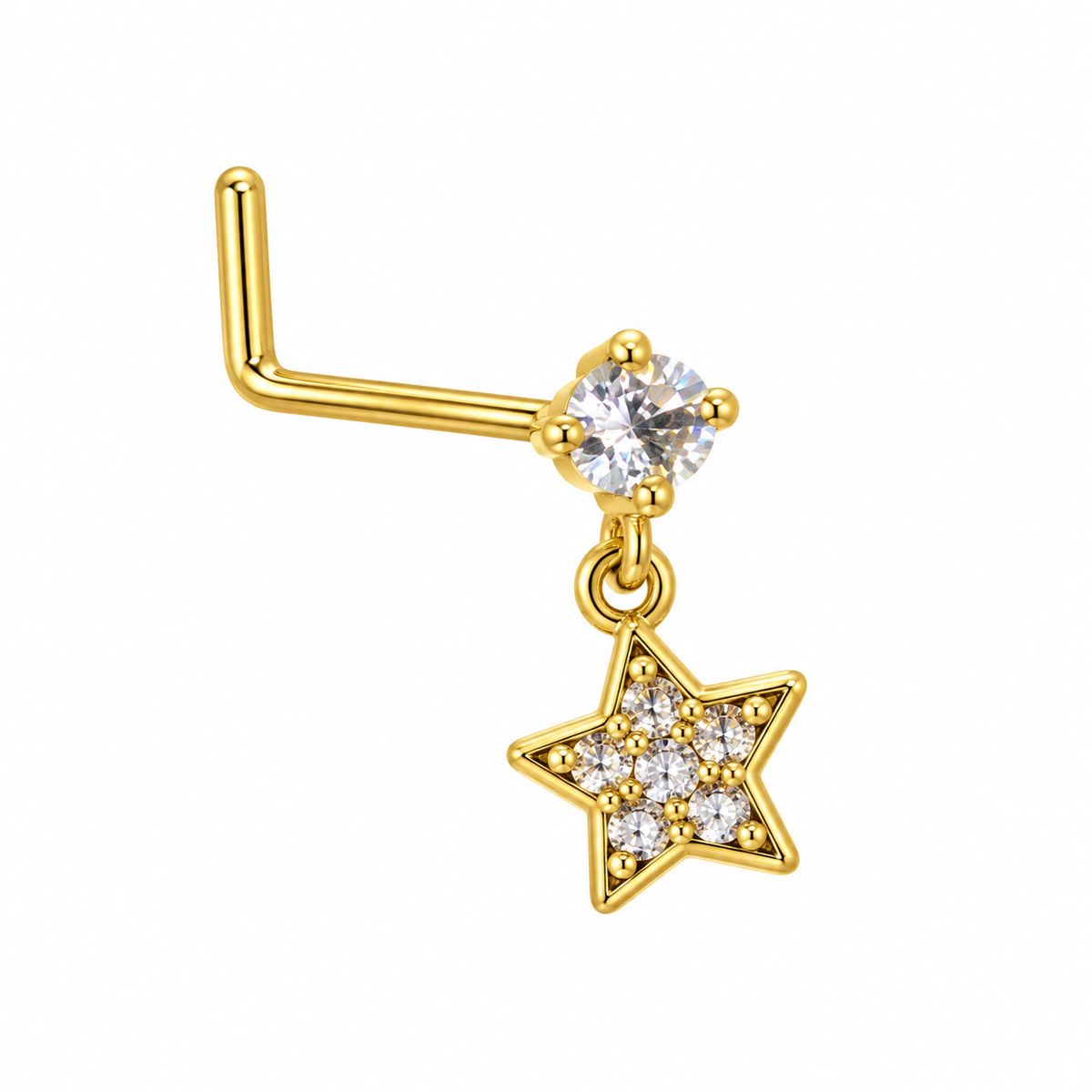 NDL14 Gold Tone Star dangling nose stud with visible L-shaped post