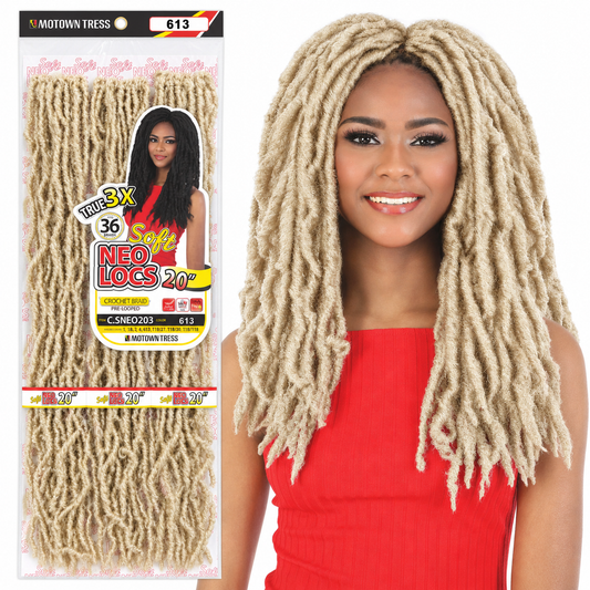 Motown Tress True 3X Soft Neo Locs Crochet Hair 20" — model and retail package