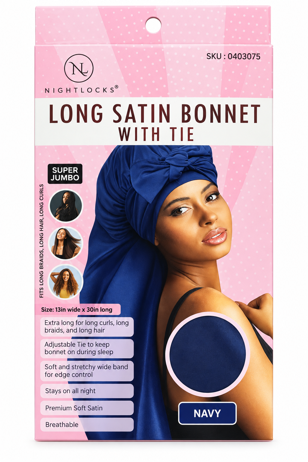 Nightlocks Long Satin Bonnet with Tie in Navy, Super Jumbo — front packaging