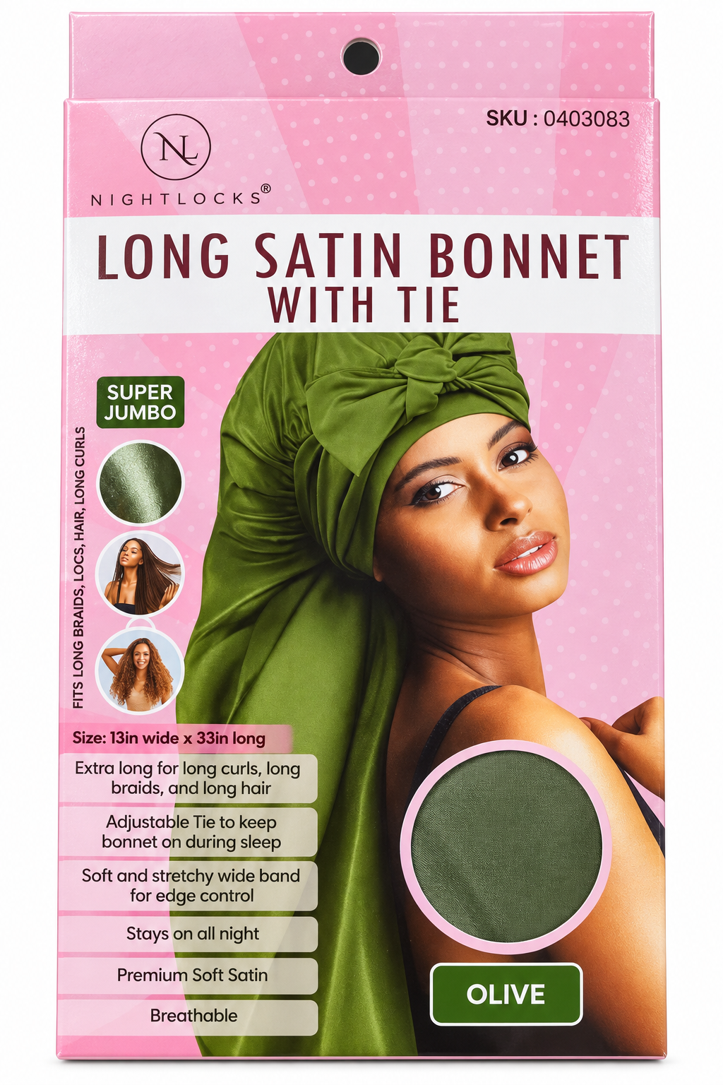 Nightlocks Long Satin Bonnet with Tie Olive Super Jumbo front packaging