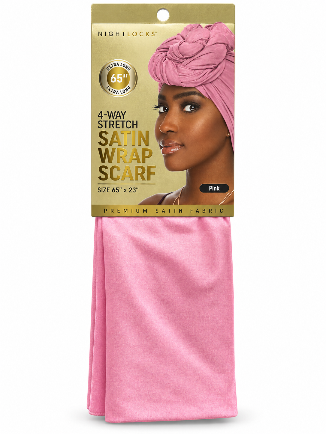 Nightlocks Pink 4-Way Stretch Satin Wrap Scarf, 65 by 23 inches, front packaging