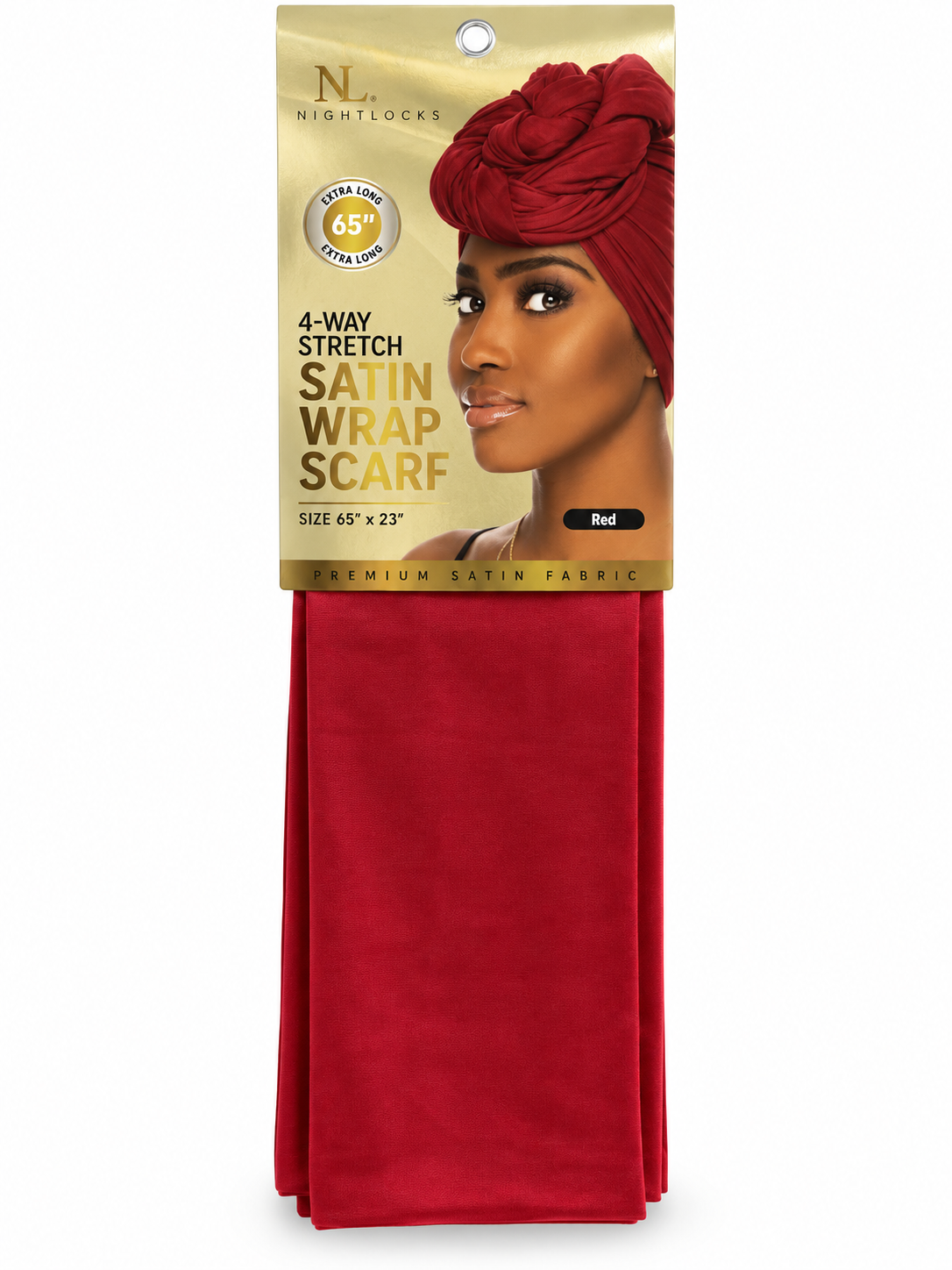Nightlocks Red 4-Way Stretch Satin Wrap Scarf 65 by 23 inches front package