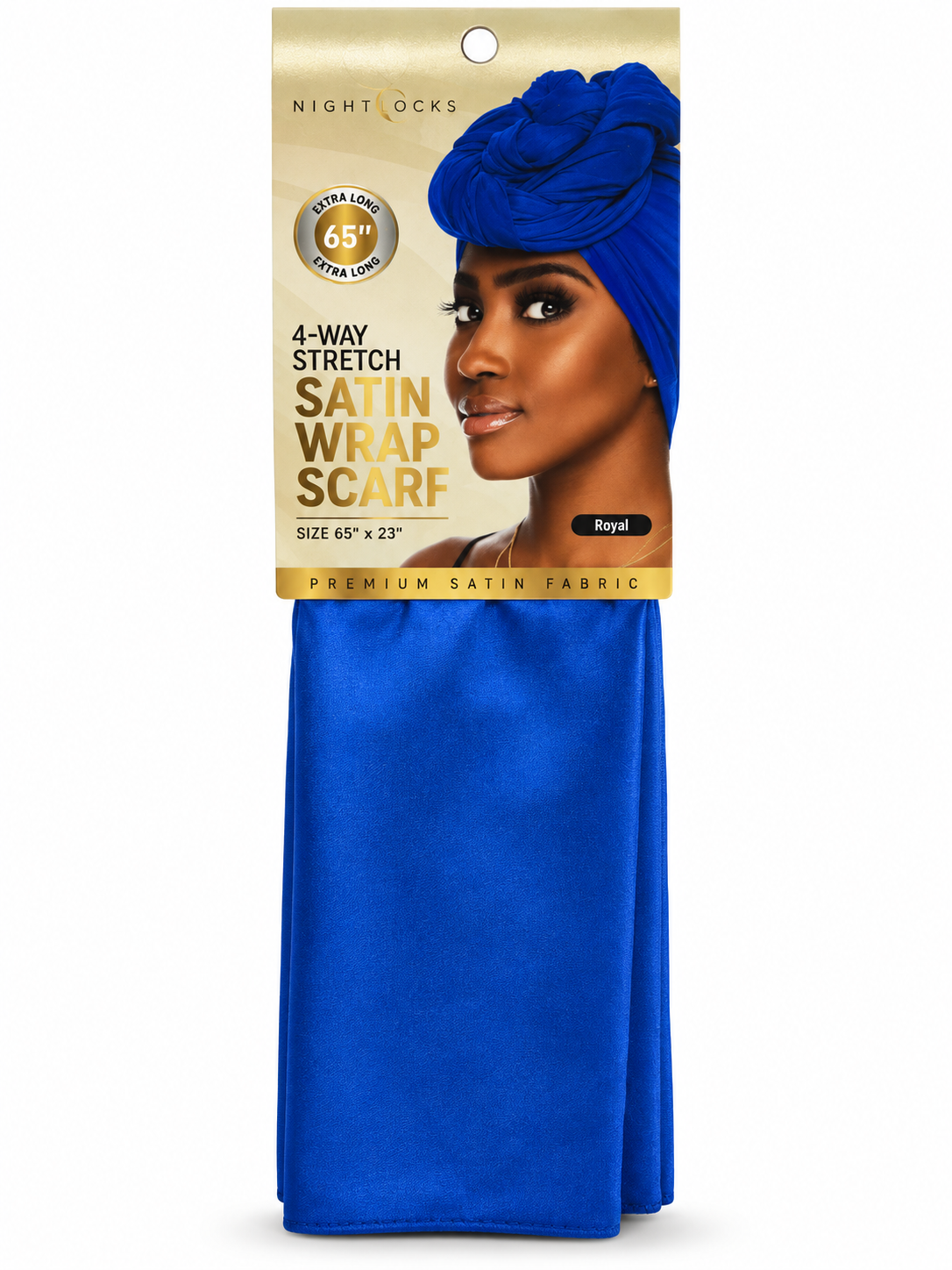 Nightlocks Royal blue 4-Way Stretch Satin Wrap Scarf, 65 by 23 inches, front packaging