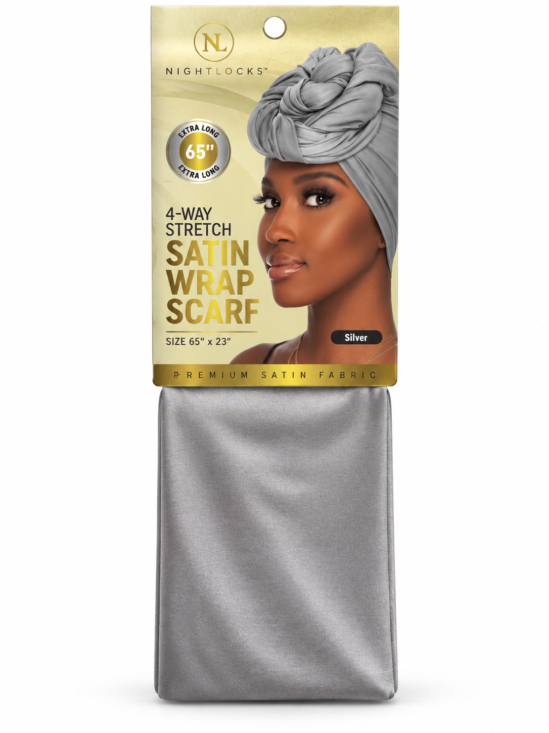 Nightlocks Silver 4-Way Stretch Satin Wrap Scarf, 65 by 23 inches, front packaging