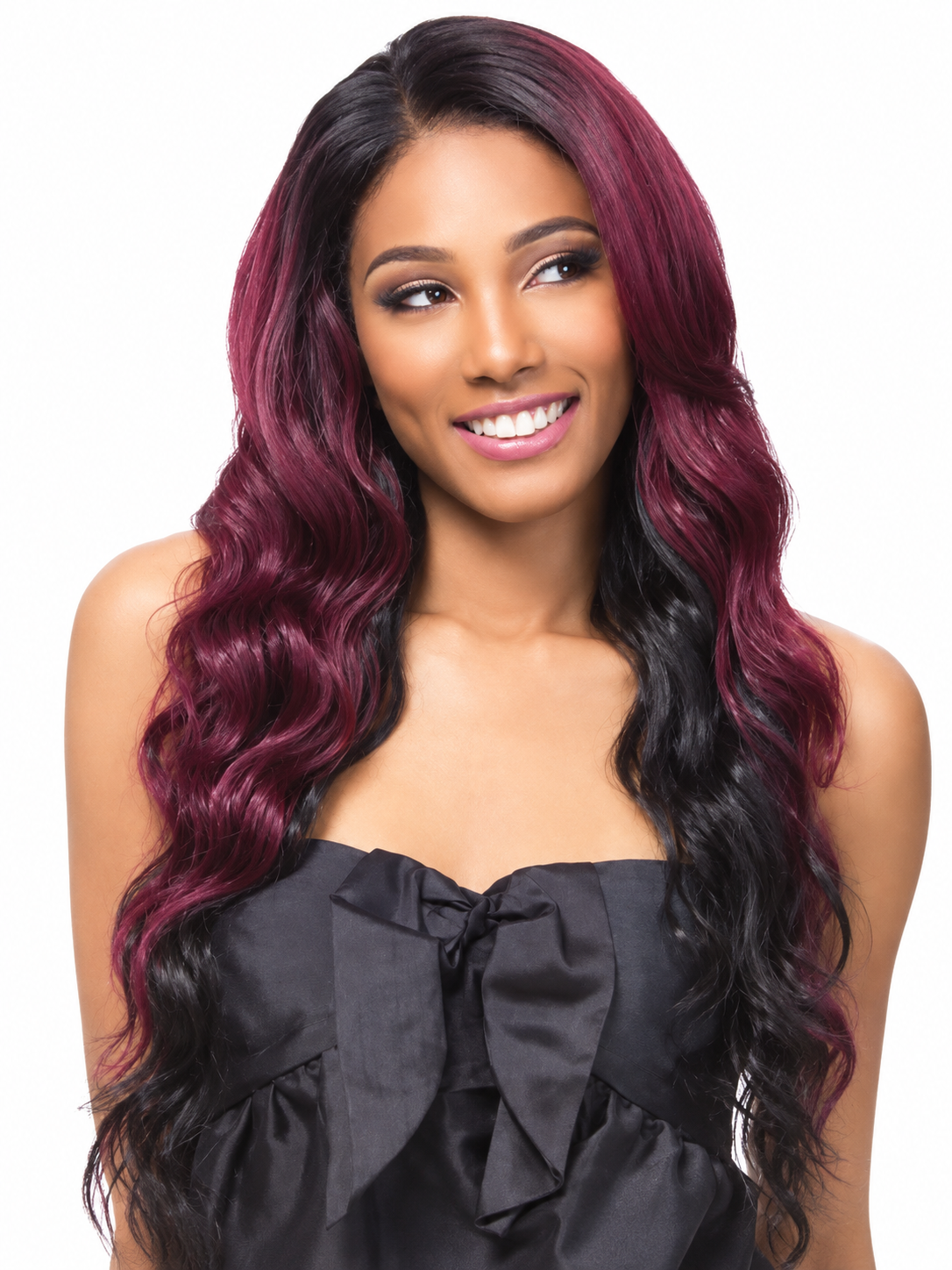Outre Batik Duo Brazilian original supplier model showing burgundy-colored loose waves