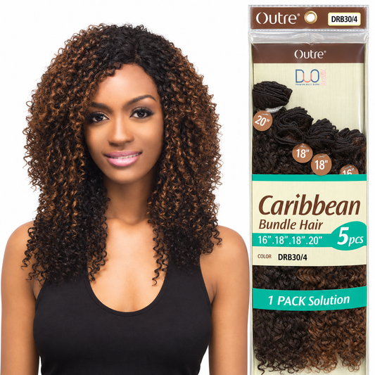 Outre Batik Duo Caribbean curly weave, original model in DRB30/1 beside DRB30/4 package on white background