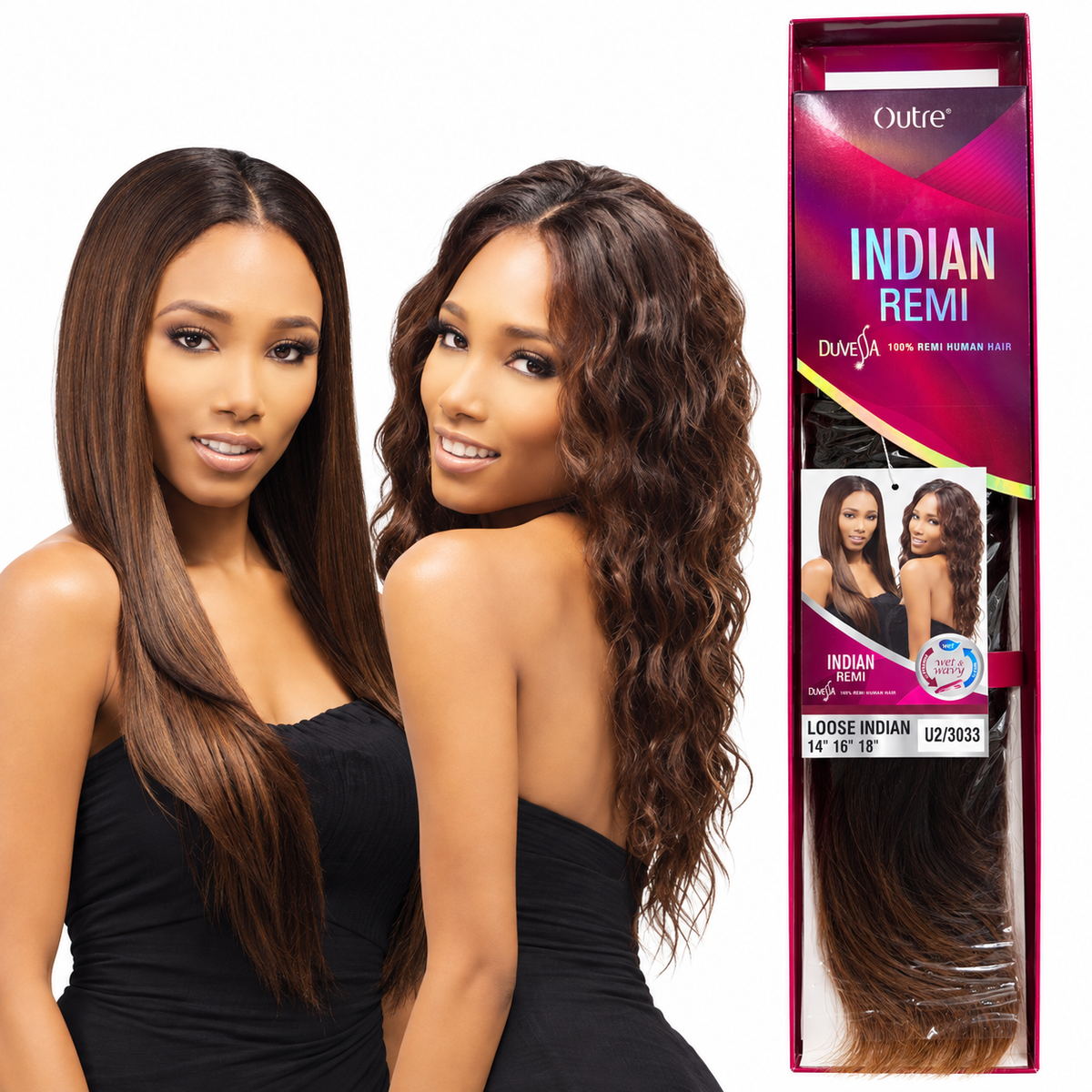 Outre Duvessa Loose Indian 14 16 18 inch U2/3033 hair set with packaging models showing straight and wavy styles