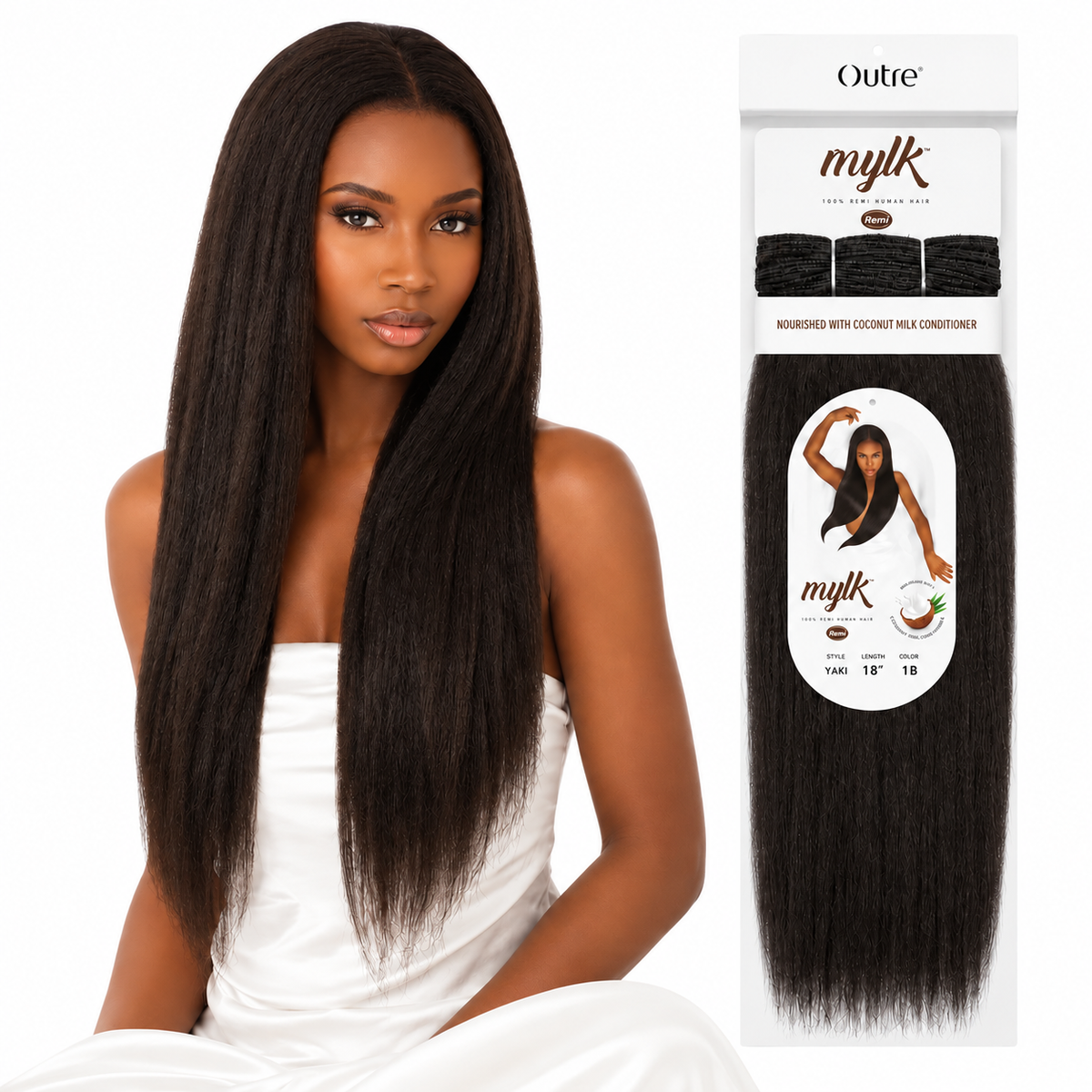 Outre Mylk Remi Yaki human hair weave - model with 18 inch color 1B package