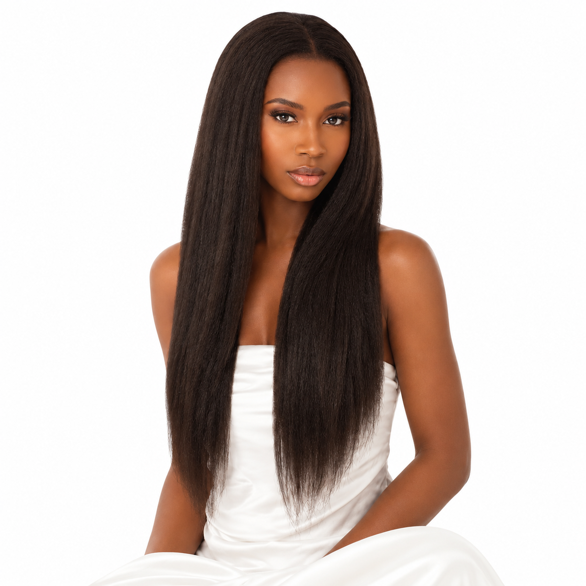 Outre Mylk Remi Yaki human hair weave - model showing yaki straight texture