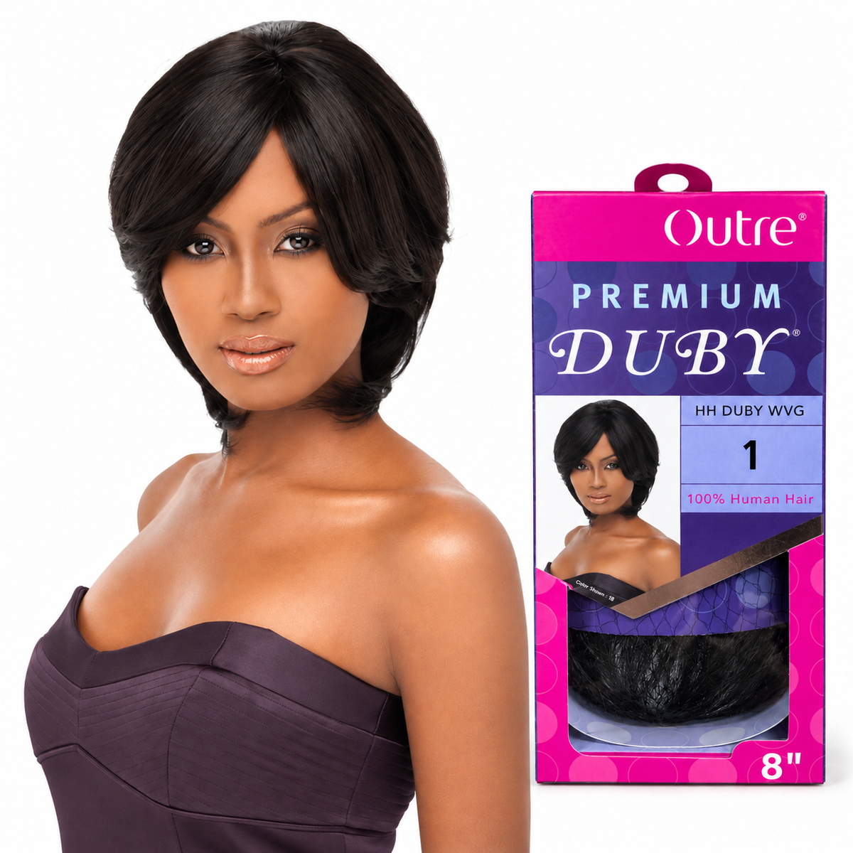 Outre Premium Duby 8-inch color 1 package beside model shown in 1B