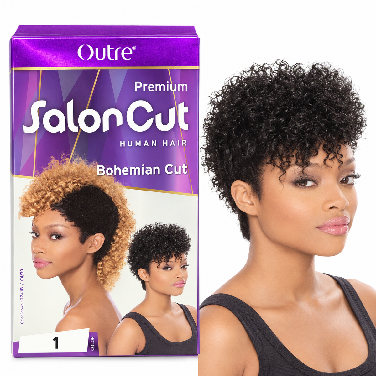 Outre Salon Cut Bohemian Cut box and model, color 1 Jet Black