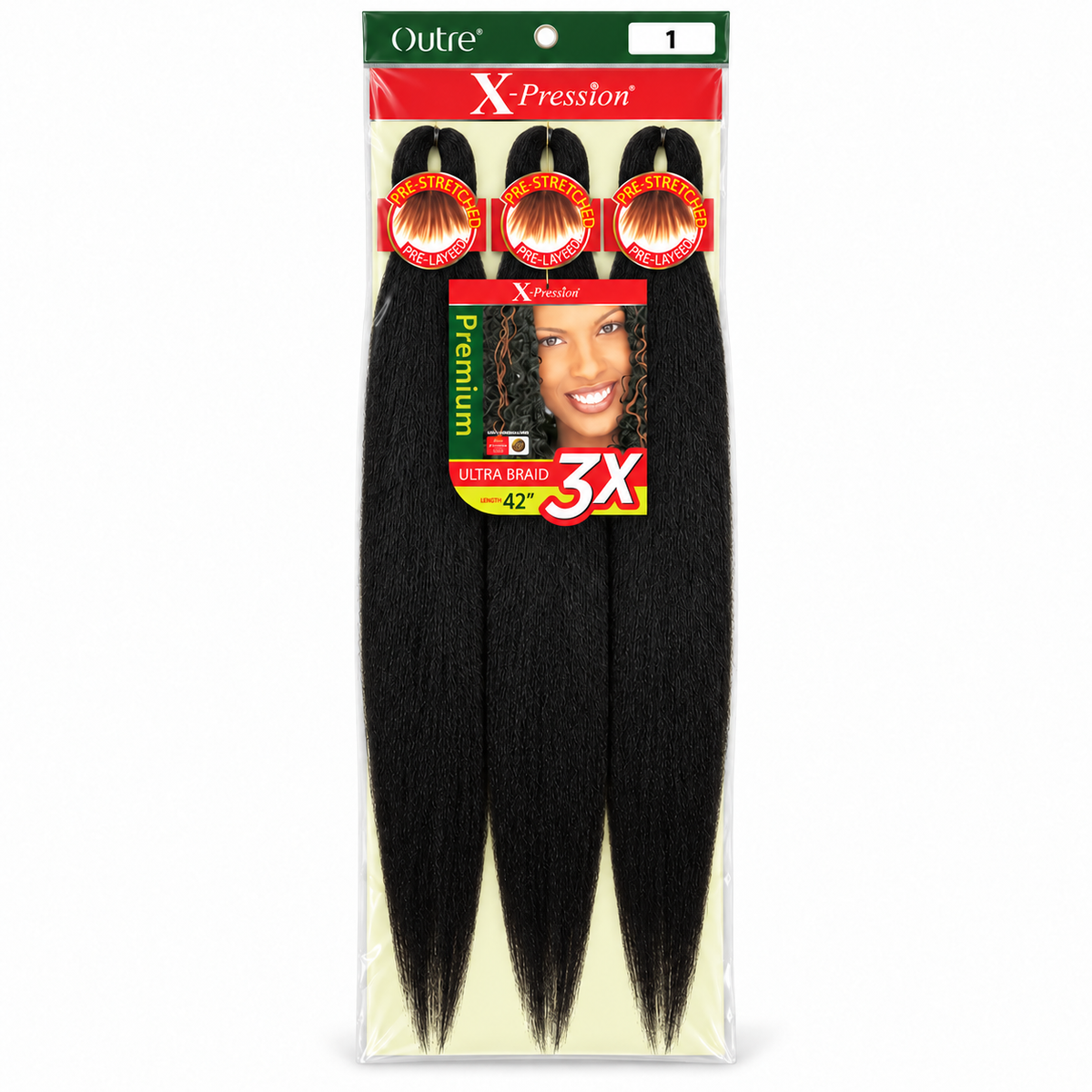 Outre X-Pression 3X 42-inch braiding hair — 1, three bundles in labeled retail package — generated product illustration