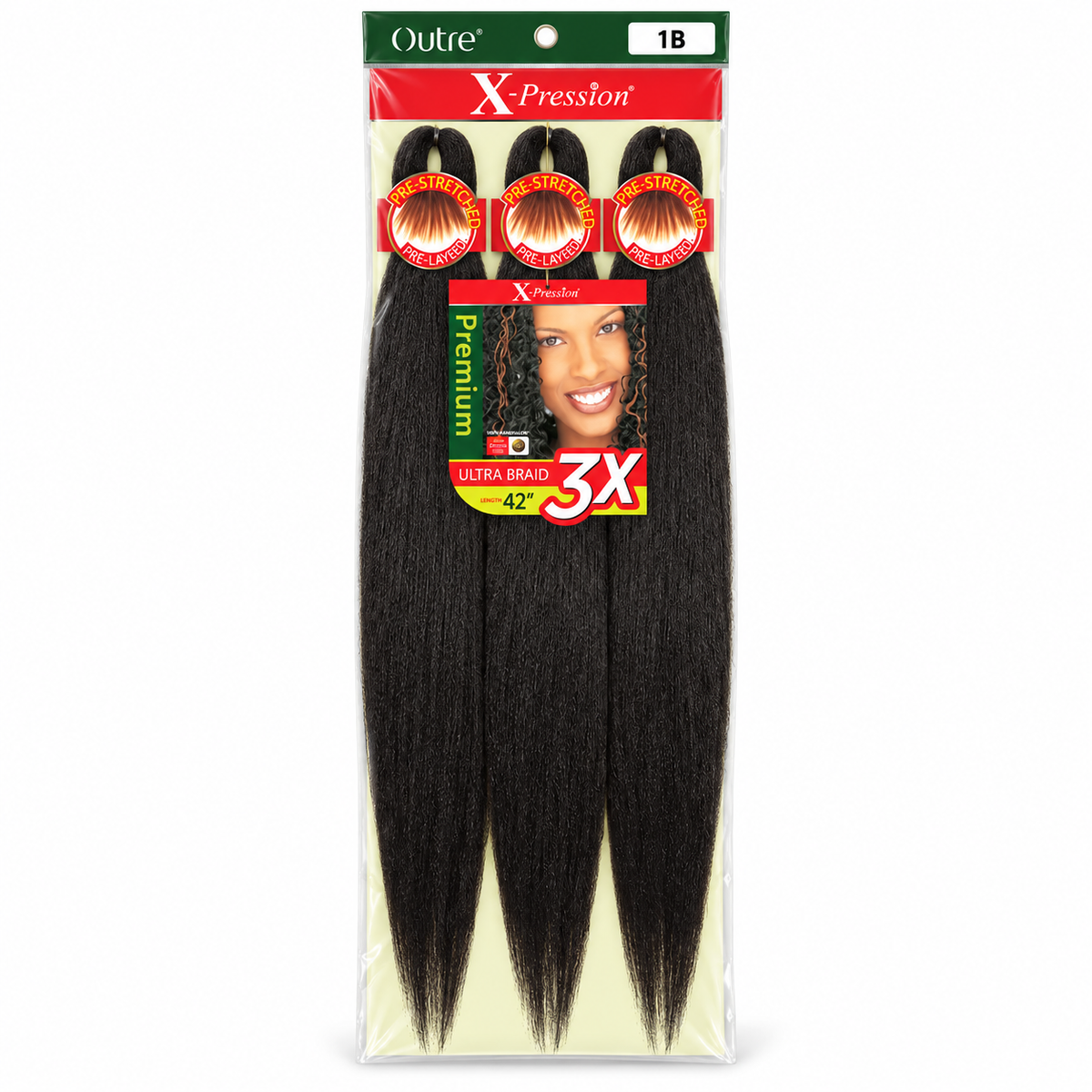 Outre X-Pression 3X 42-inch braiding hair — color 1B, three bundles in labeled retail package — generated product illustration