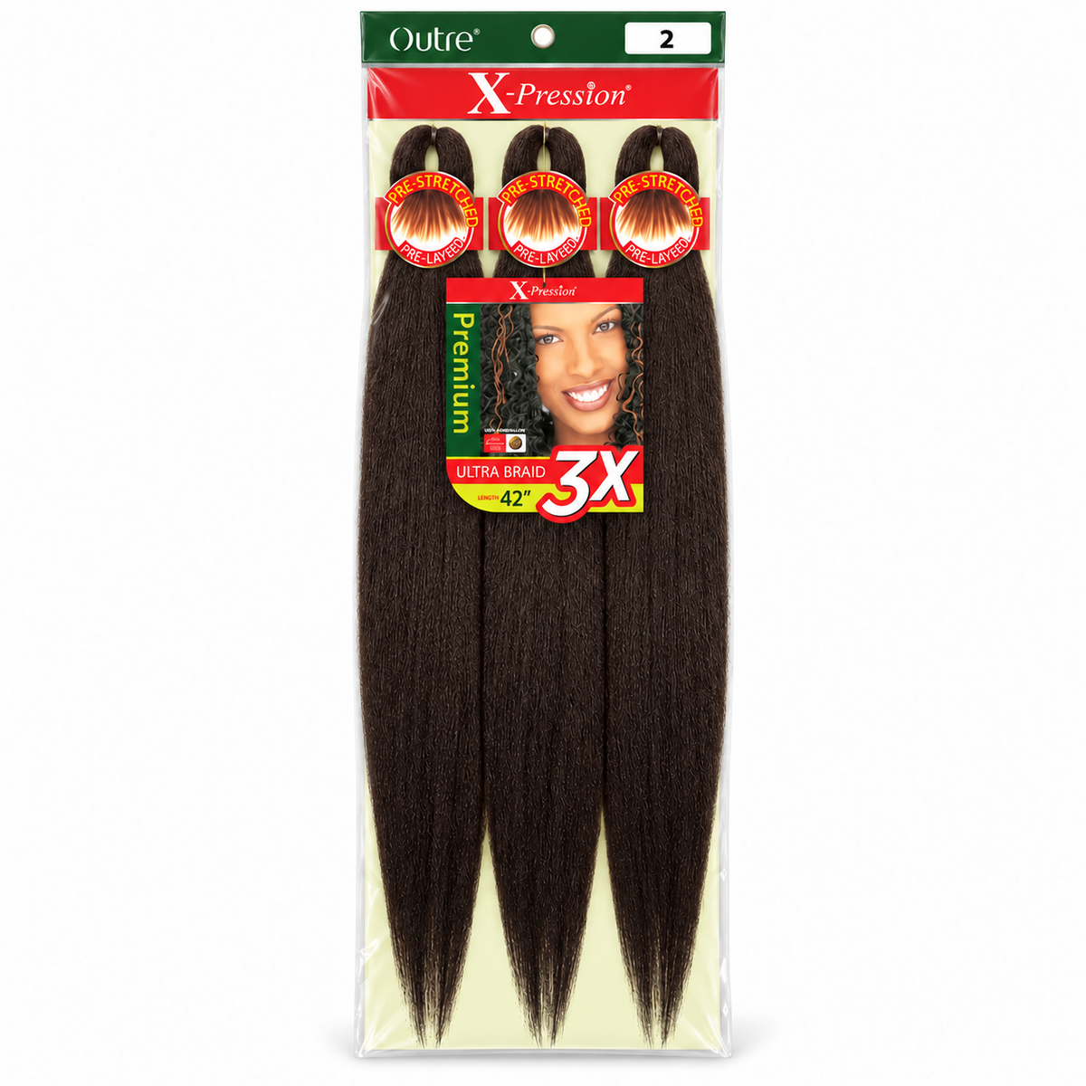 Outre X-Pression 3X 42-inch braiding hair — 2, three bundles in labeled retail package — generated product illustration