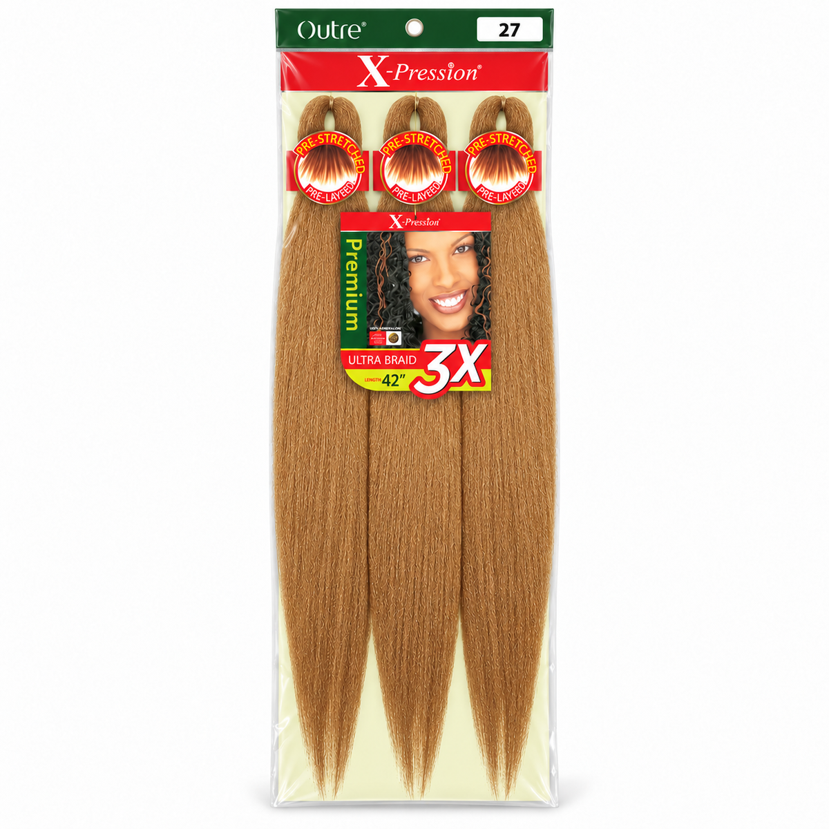 Outre X-Pression 3X 42-inch braiding hair — 27, three bundles in labeled retail package — generated product illustration