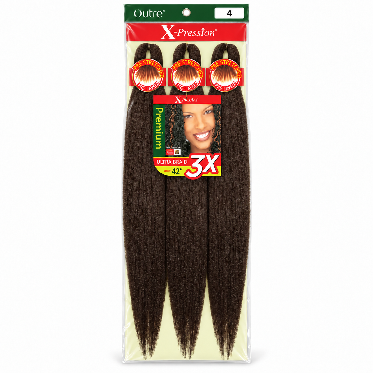 Outre X-Pression 3X 42-inch braiding hair — 4, three bundles in labeled retail package — generated product illustration