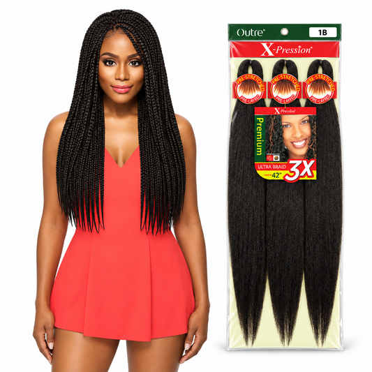 Outre X-Pression 3X 42-inch braiding hair — model styling and three-bundle package in color 1B — generated product illustration