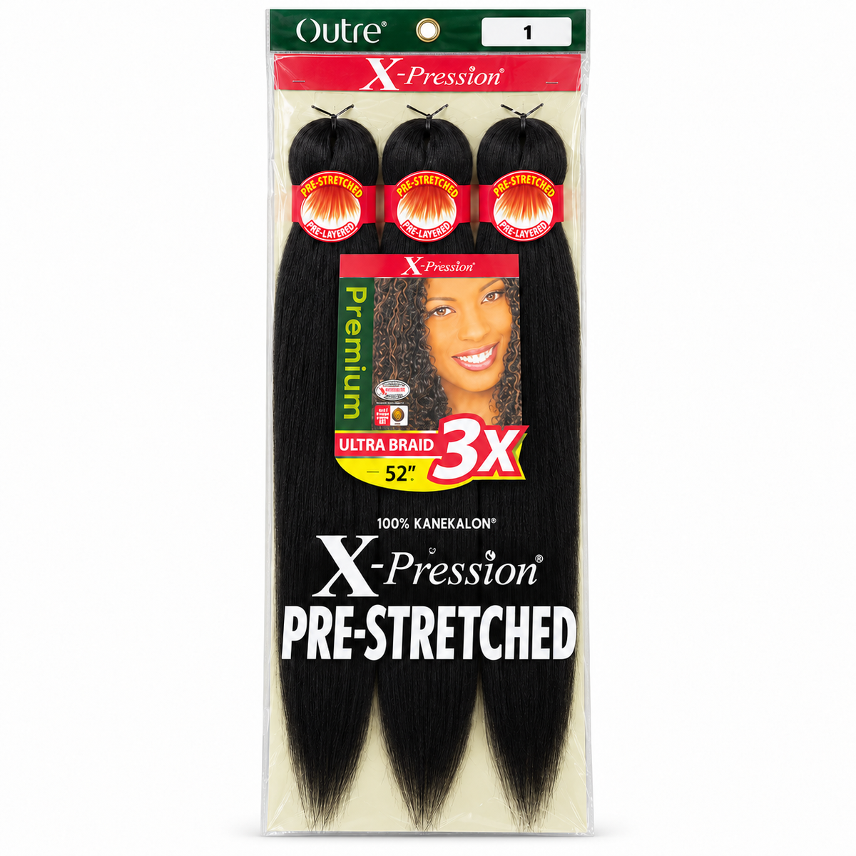Outre X-Pression 3X 52-inch braiding hair — 1, three bundles in labeled retail package — generated product illustration