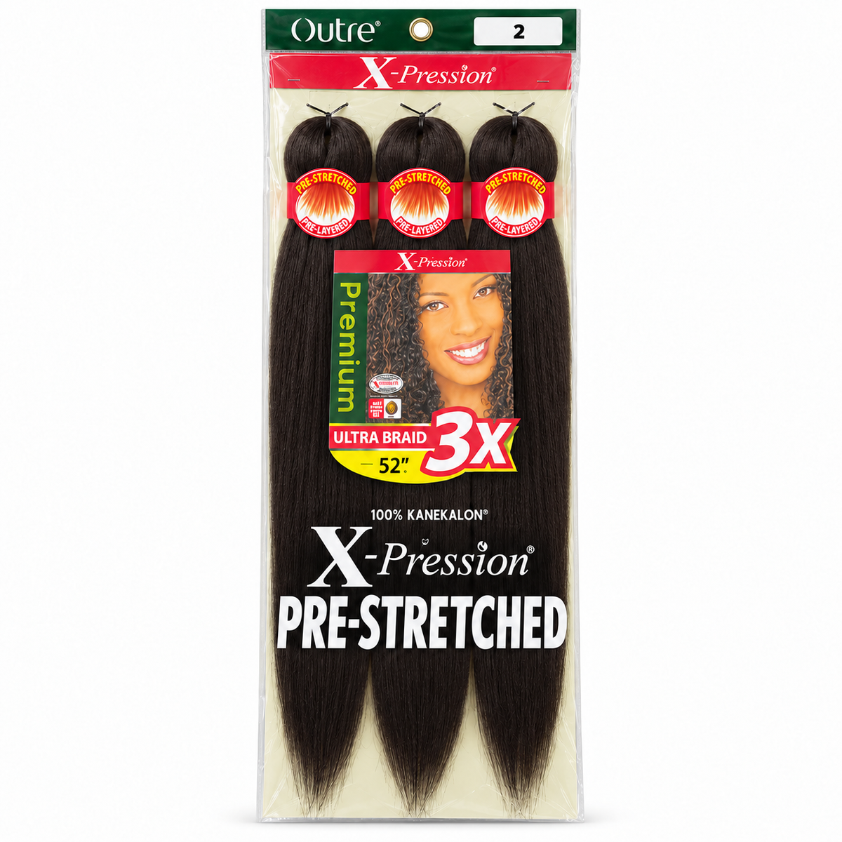 Outre X-Pression 3X 52-inch braiding hair — 2, three bundles in labeled retail package — generated product illustration