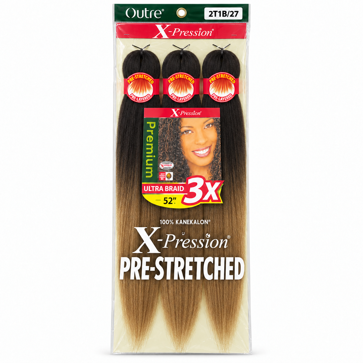 Outre X-Pression 3X 52-inch braiding hair — 2T1B/27, three bundles in labeled retail package — generated product illustration