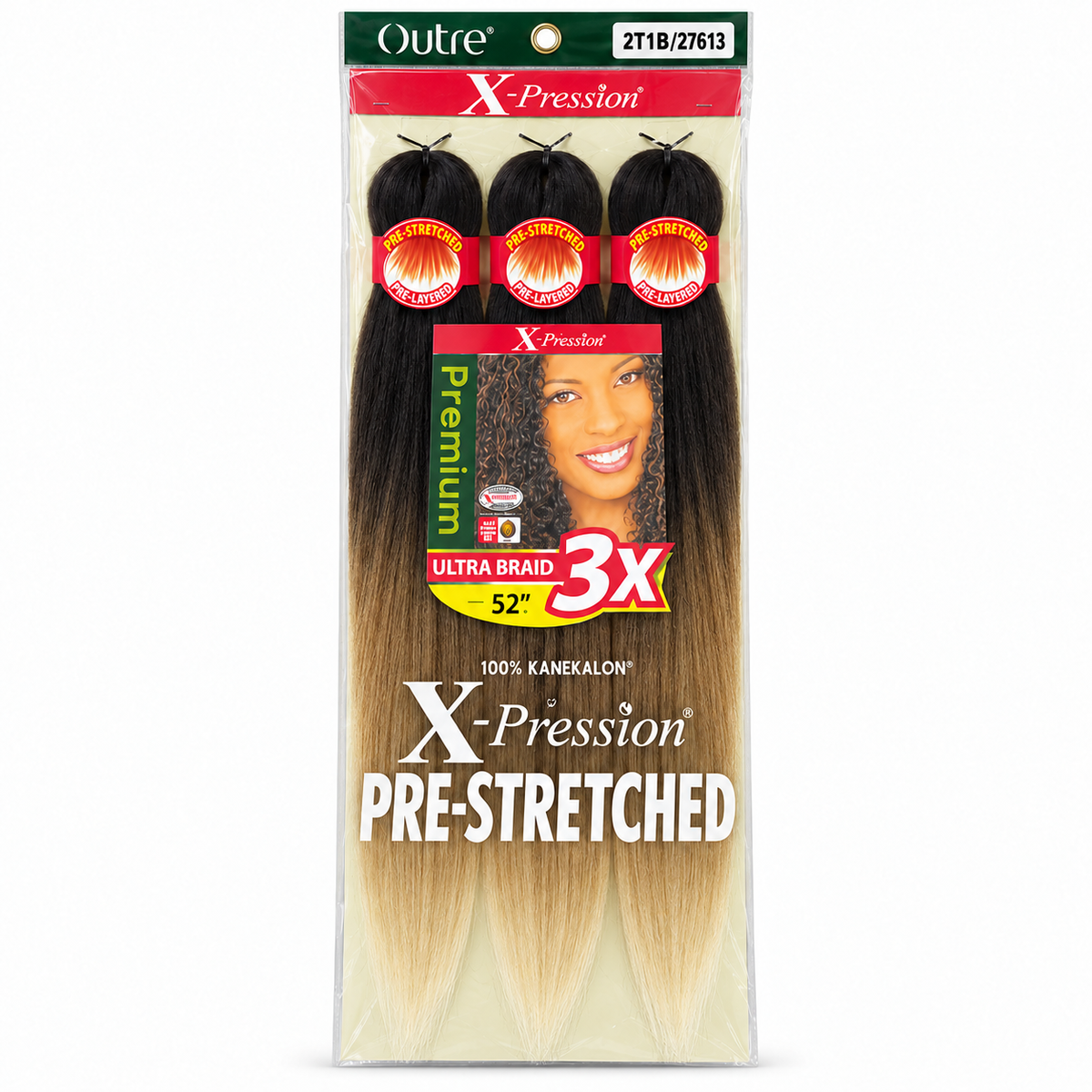 Outre X-Pression 3X 52-inch braiding hair — 2T1B/27613, three bundles in labeled retail package — generated product illustration