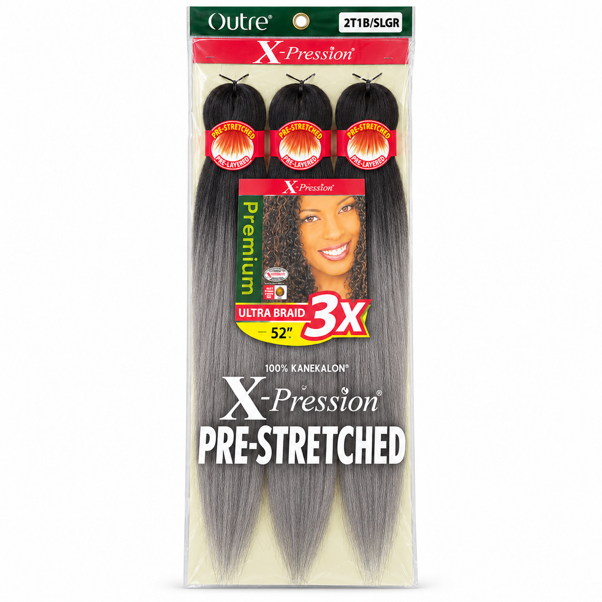 Outre X-Pression 3X 52-inch braiding hair — 2T1B/SLGR, three bundles in labeled retail package — generated product illustration