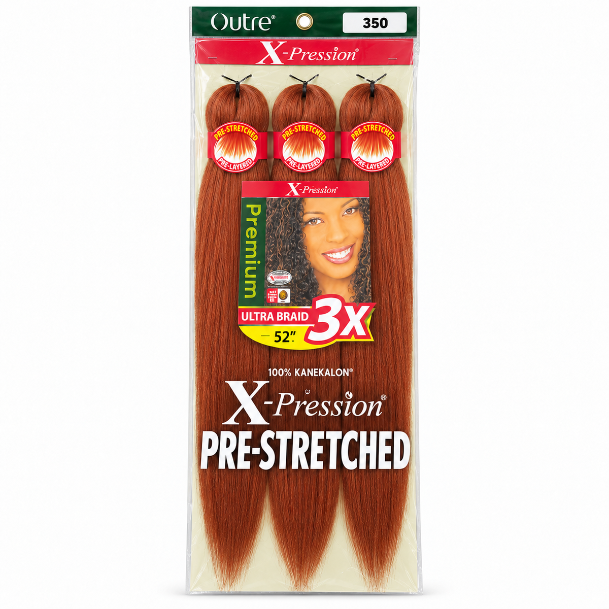 Outre X-Pression 3X 52-inch braiding hair — 350, three bundles in labeled retail package — generated product illustration