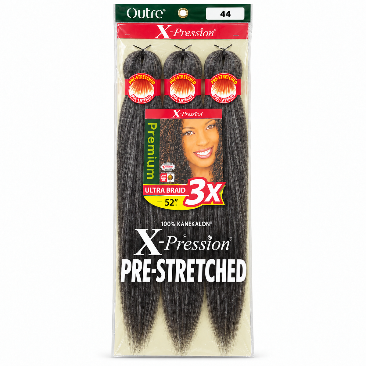 Outre X-Pression 3X 52-inch braiding hair — 44, three bundles in labeled retail package — generated product illustration