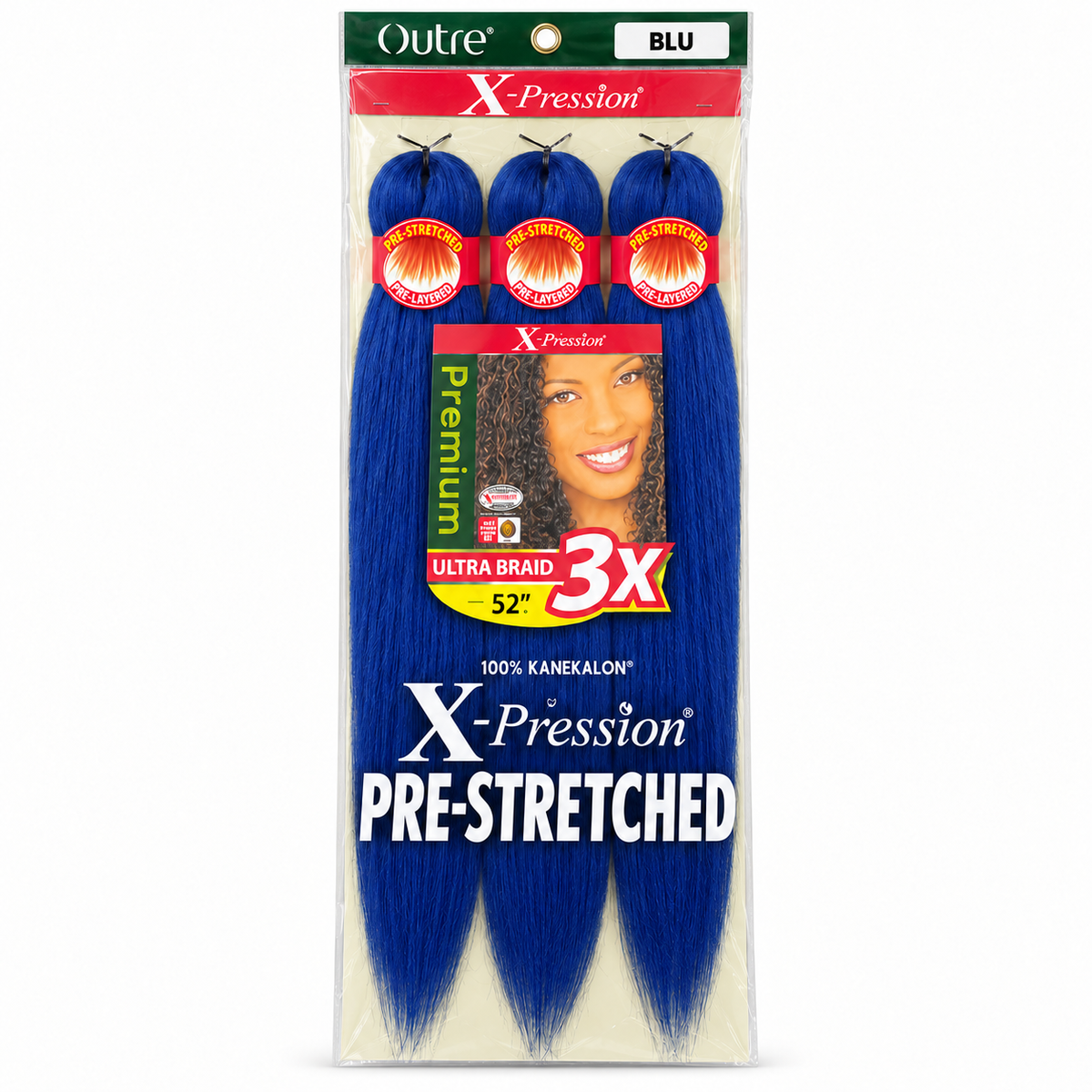Outre X-Pression 3X 52-inch braiding hair — Blu, three bundles in labeled retail package — generated product illustration