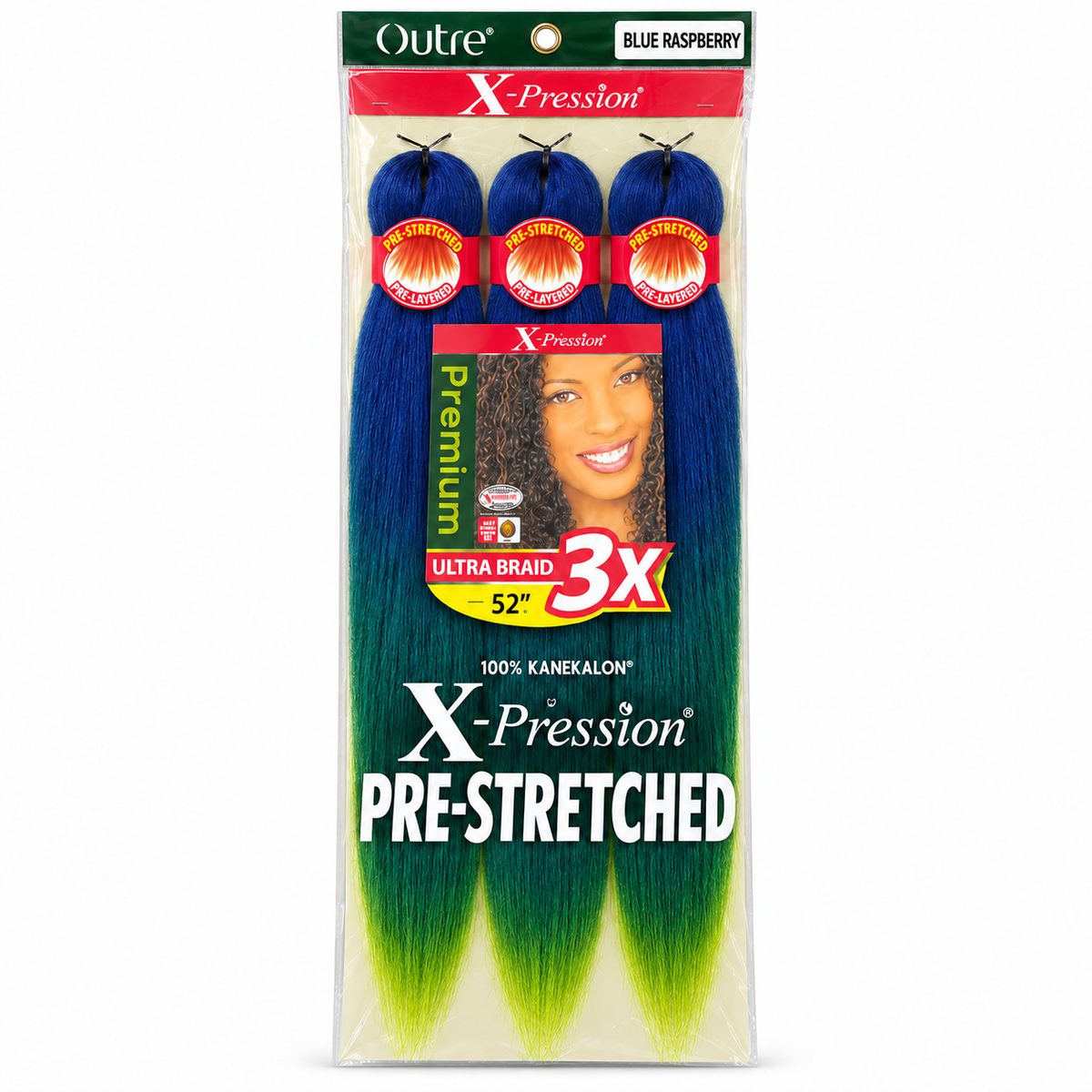 Outre X-Pression 3X 52-inch braiding hair — Blue Rasberry, three bundles in labeled retail package — generated product illustration