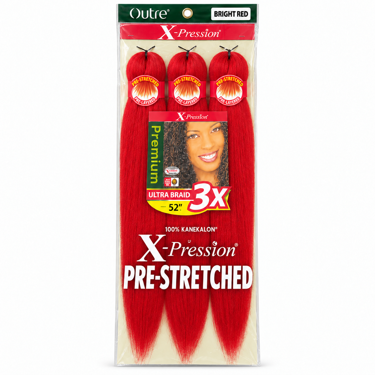 Outre X-Pression 3X 52-inch braiding hair — Bright Red, three bundles in labeled retail package — generated product illustration