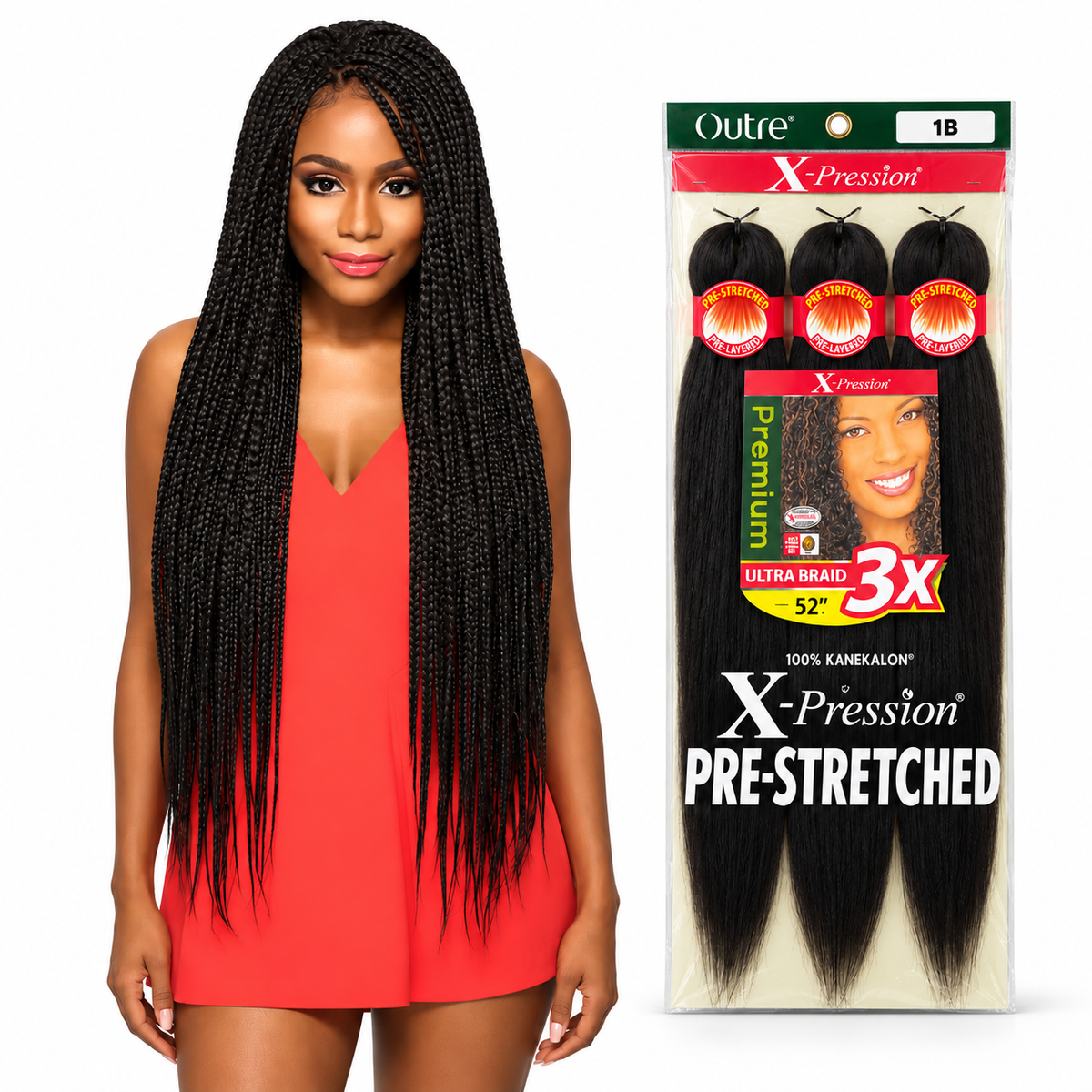 Outre X-Pression 3X 52-inch braiding hair — model styling and three-bundle package in color 1B — generated product illustration
