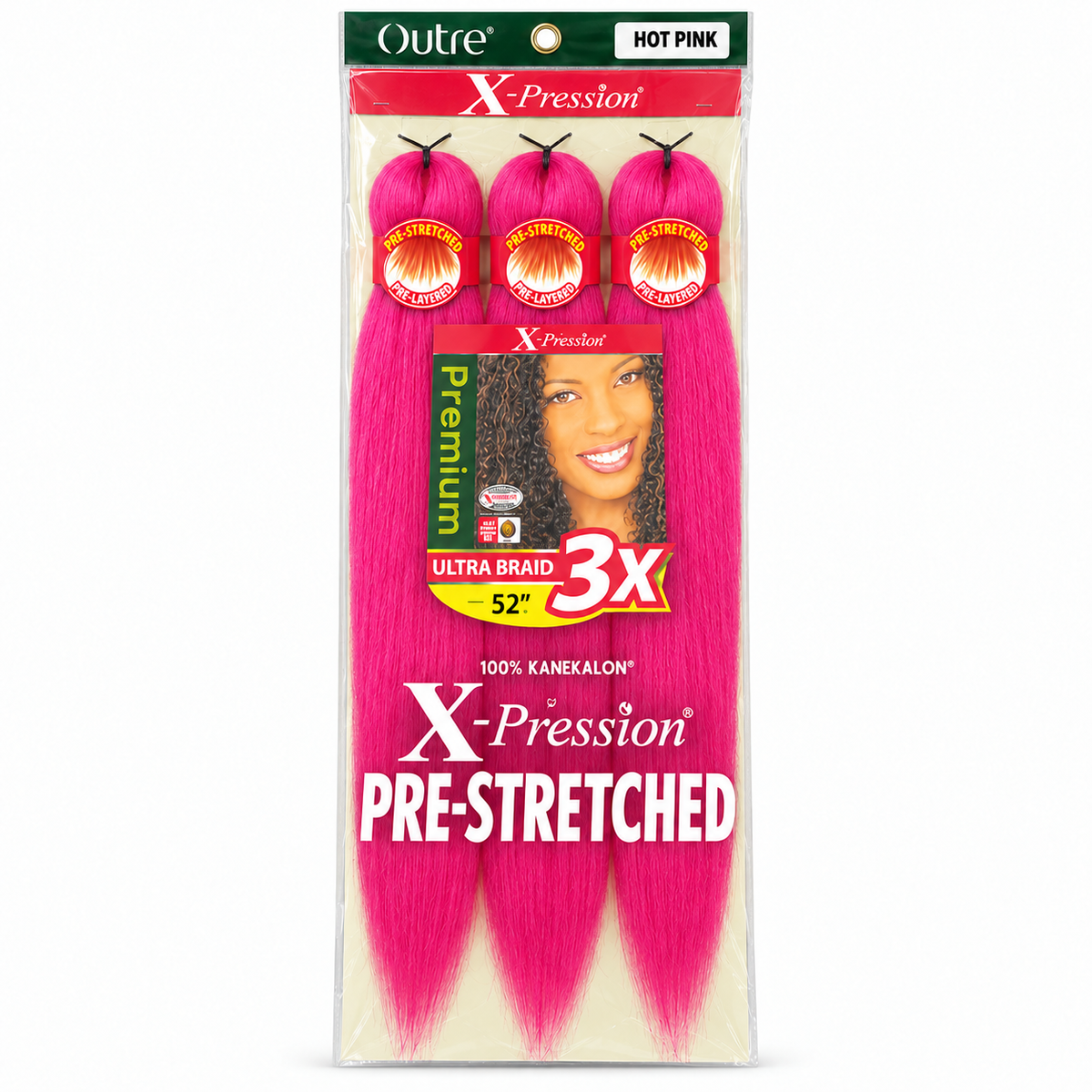 Outre X-Pression 3X 52-inch braiding hair — Hot Pink, three bundles in labeled retail package — generated product illustration