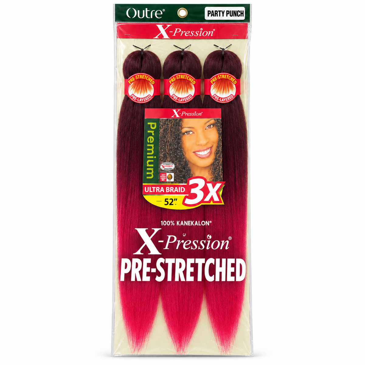 Outre X-Pression 3X 52-inch braiding hair — Party Punch, three bundles in labeled retail package — generated product illustration