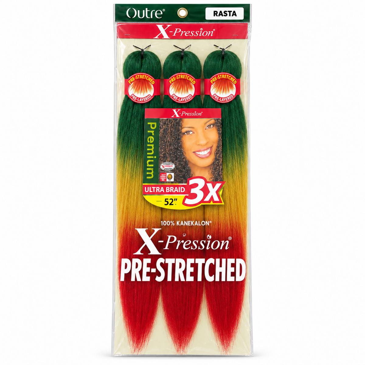 Outre X-Pression 3X 52-inch braiding hair — Rasta, three bundles in labeled retail package — generated product illustration