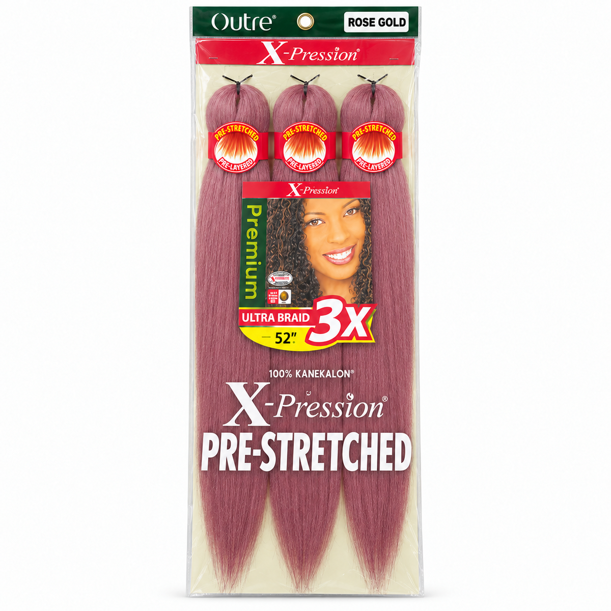 Outre X-Pression 3X 52-inch braiding hair — Rose Gold, three bundles in labeled retail package — generated product illustration