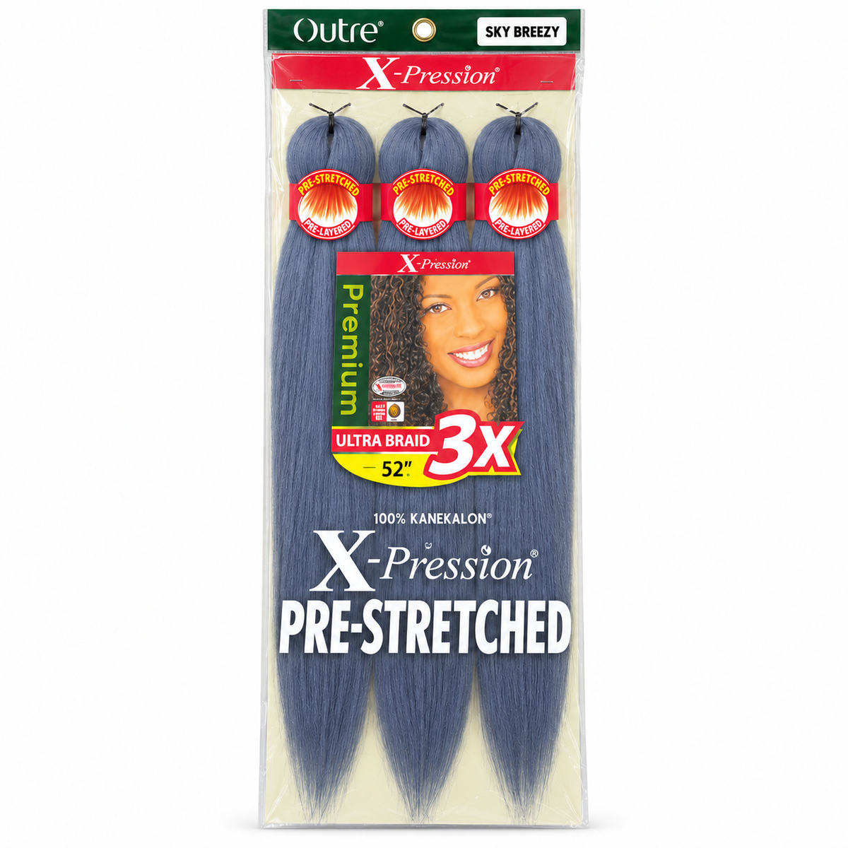 Outre X-Pression 3X 52-inch braiding hair — Sky Breezy, three bundles in labeled retail package — generated product illustration