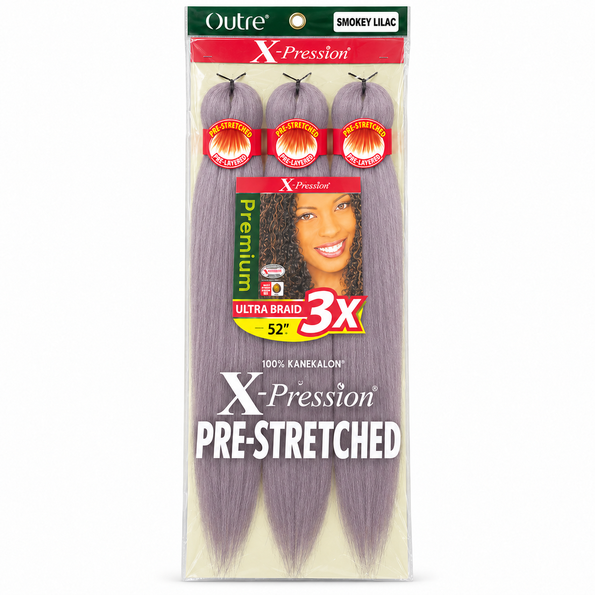 Outre X-Pression 3X 52-inch braiding hair — Smokey Lilac, three bundles in labeled retail package — generated product illustration