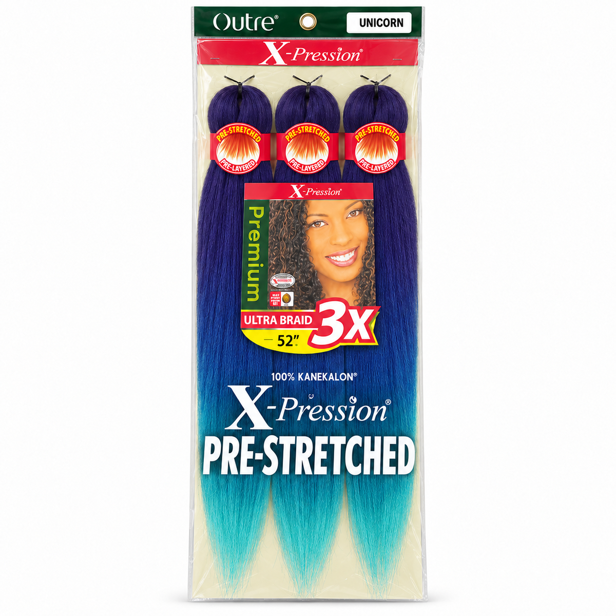 Outre X-Pression 3X 52-inch braiding hair — Unicorn, three bundles in labeled retail package — generated product illustration