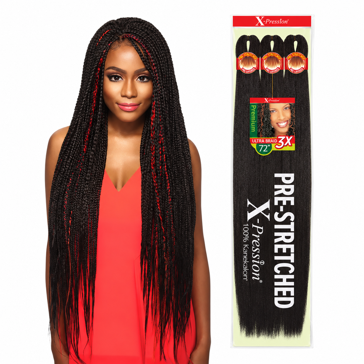 Outre X-Pression Ultra 3X 72-inch braiding hair — model and three-bundle retail package — generated listing image