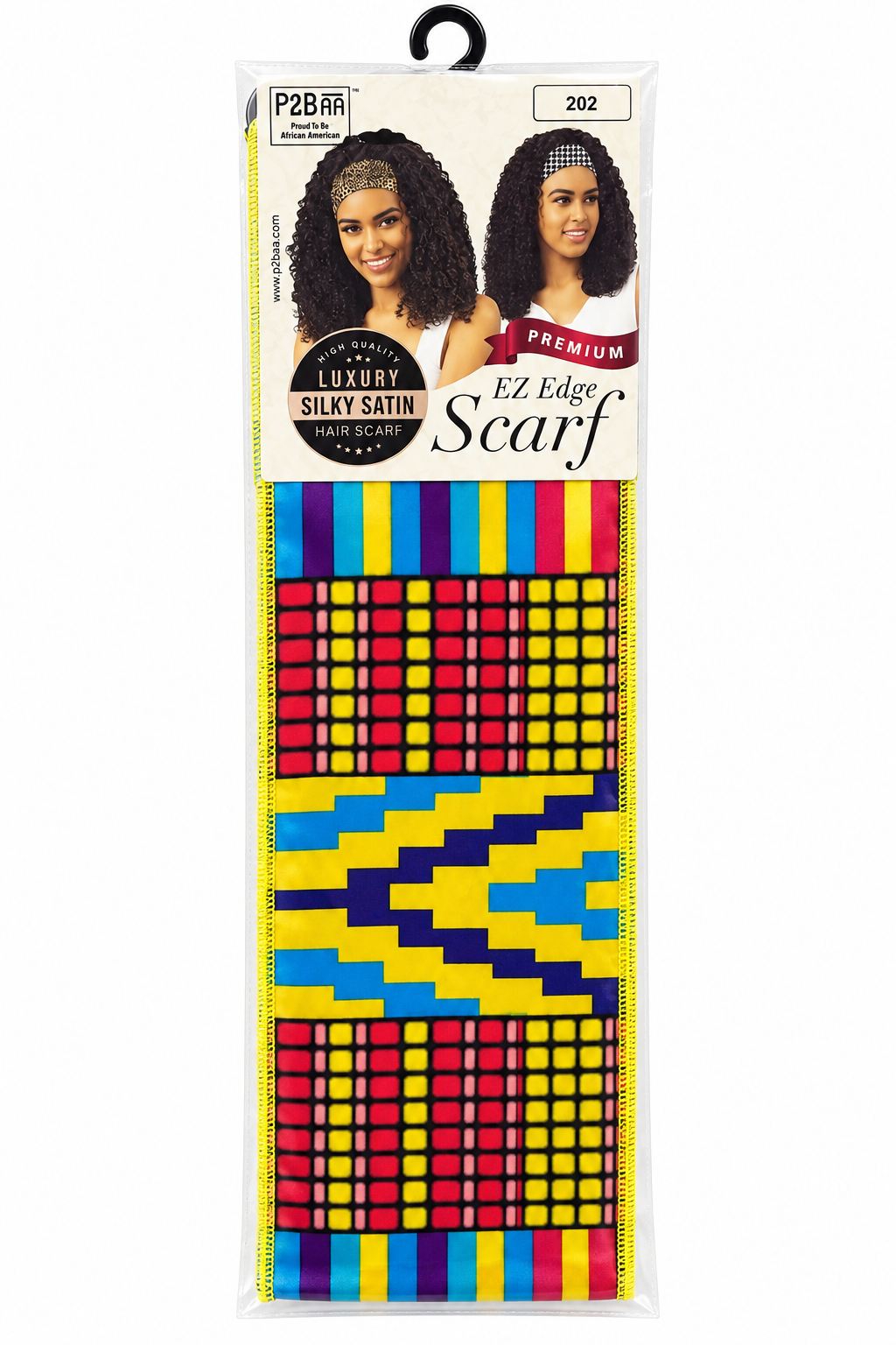 P2BAA Premium Silky Satin EZ Edge Scarf style 202, multicolor geometric pattern, front package