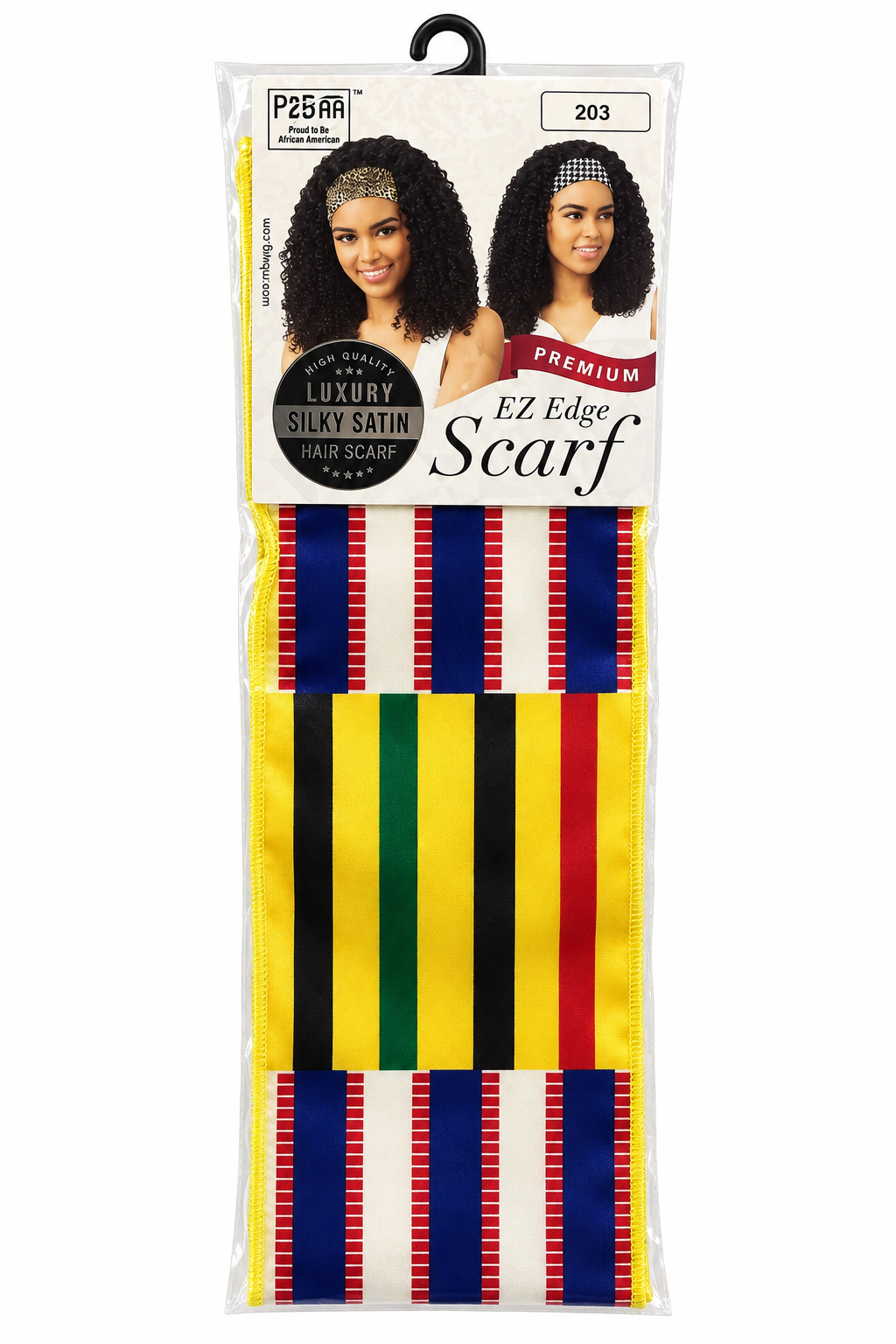 P2BAA Premium Silky Satin EZ Edge Scarf style 203, multicolor striped pattern, front package