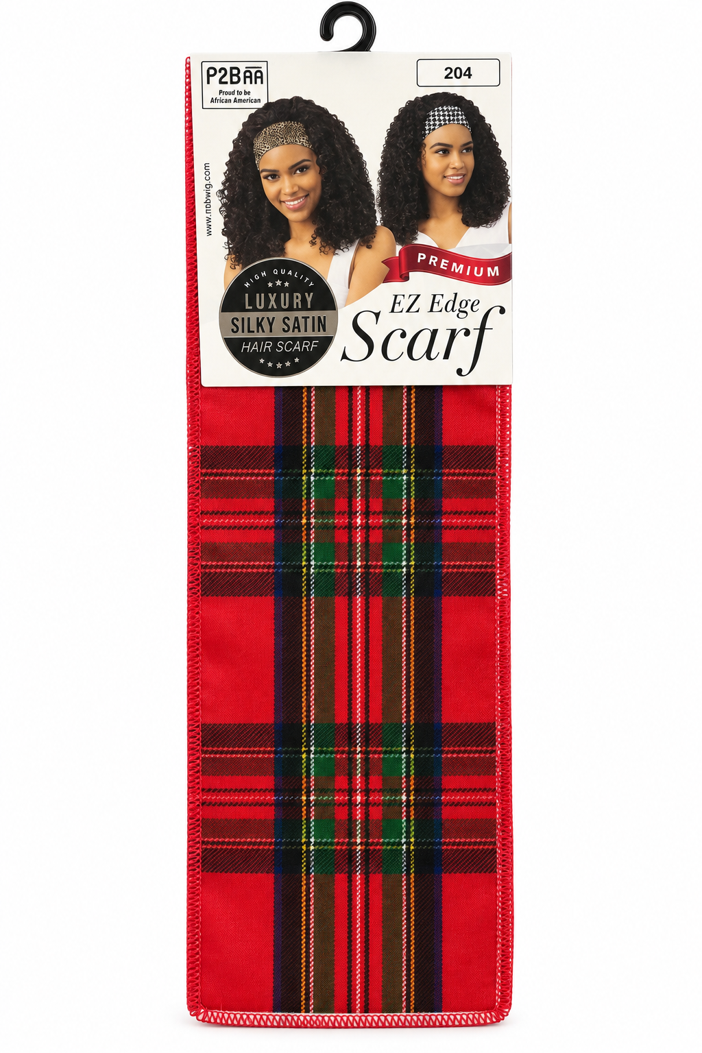 P2BAA Premium Silky Satin EZ Edge Scarf style 204 red tartan plaid package front