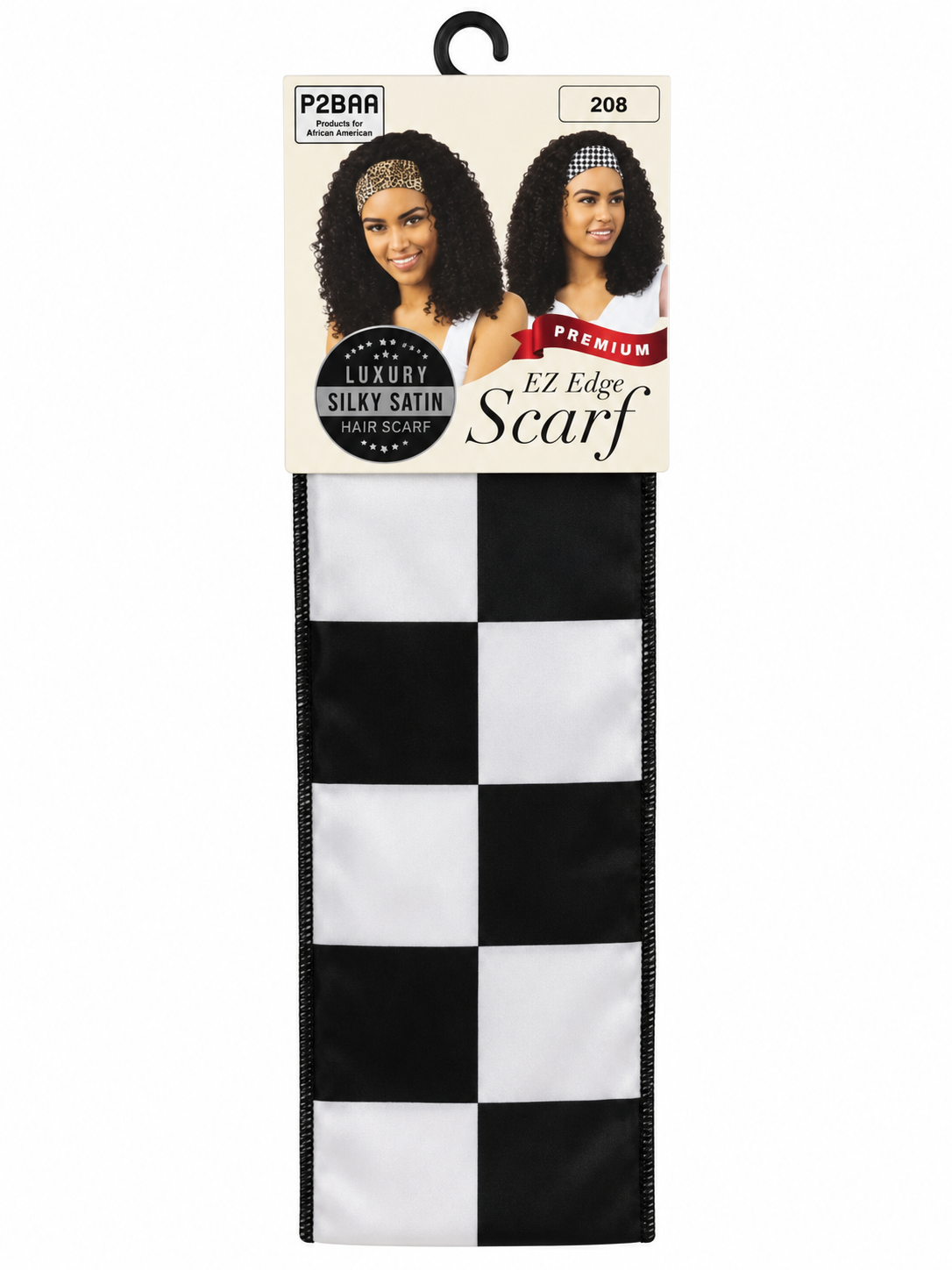 P2BAA Premium Silky Satin EZ Edge Scarf style 208 black and white checkerboard front package