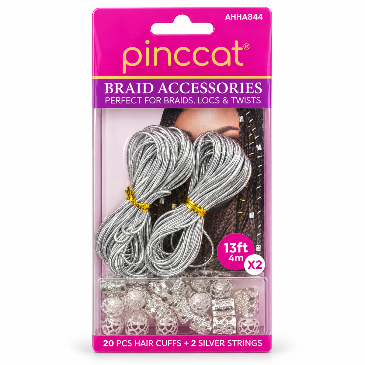 Pinccat AHHA844 silver set 20 hair cuffs and 2 strings front package
