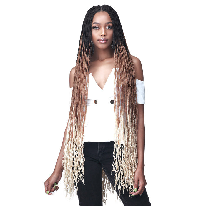 Bobbi Boss Pixi Locs 36-inch supplier model showing ombre micro-loc style