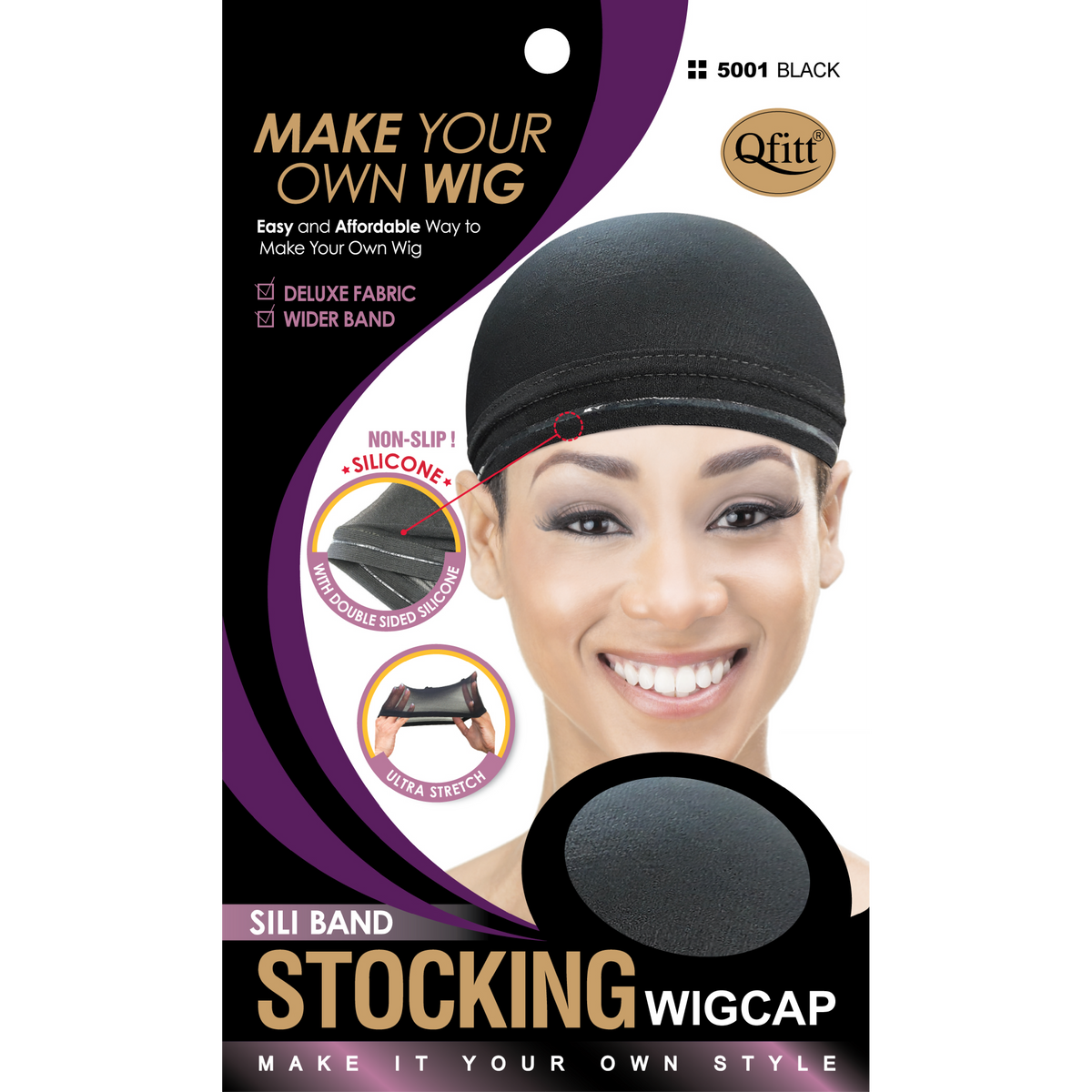 Qfitt #5001 black Sili Band Stocking Wig Cap front packaging