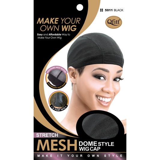 Qfitt #5011 Black Stretch Mesh Dome Style Wig Cap front package