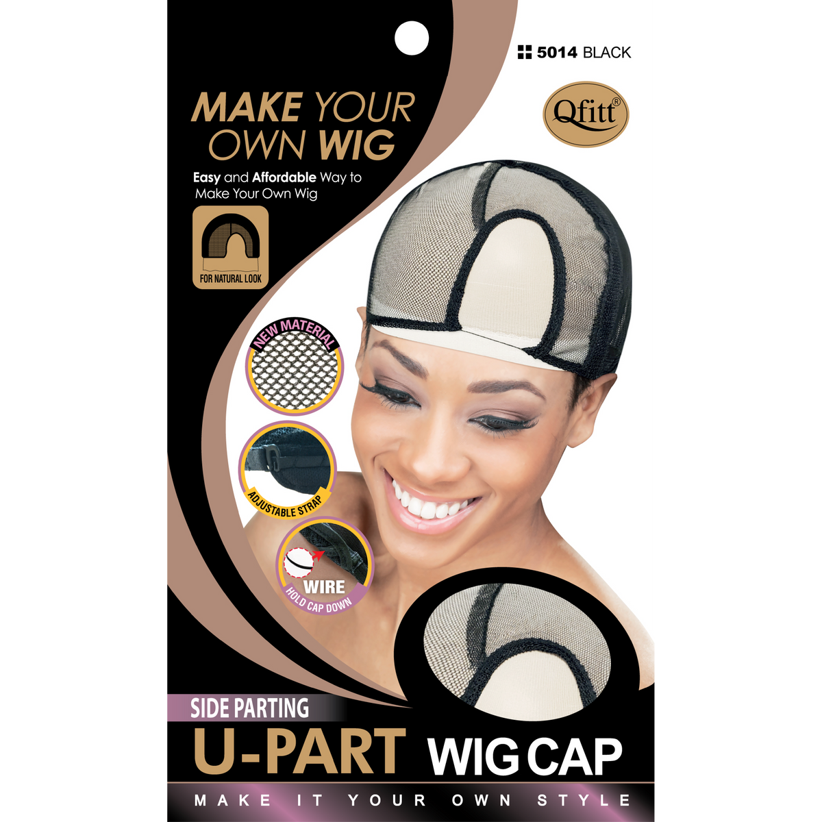 Qfitt #5014 Black Side Parting U-Part Wig Cap front packaging